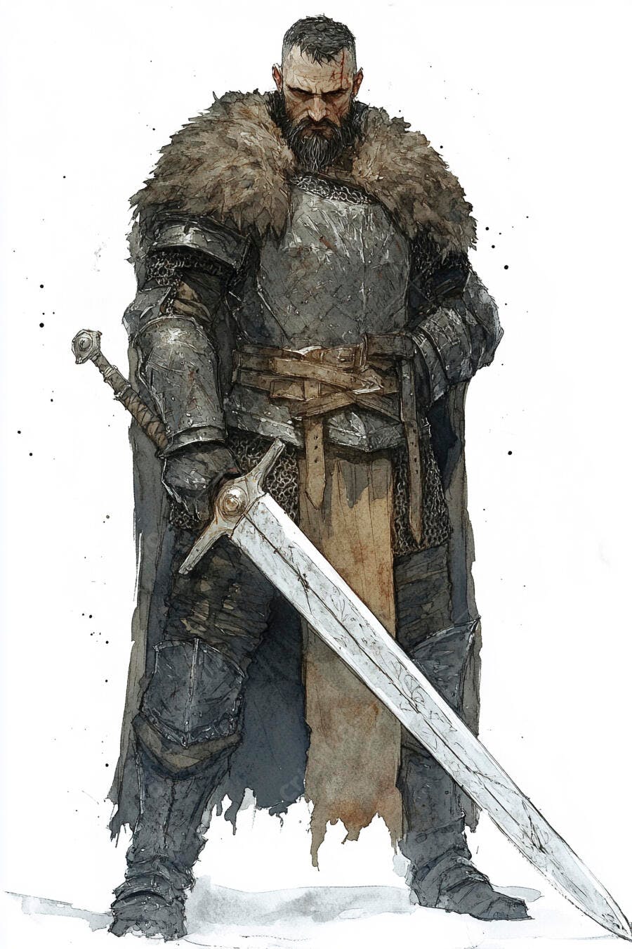 Guerreiro bárbaro de armadura escura e espada longa em estilo fantasia