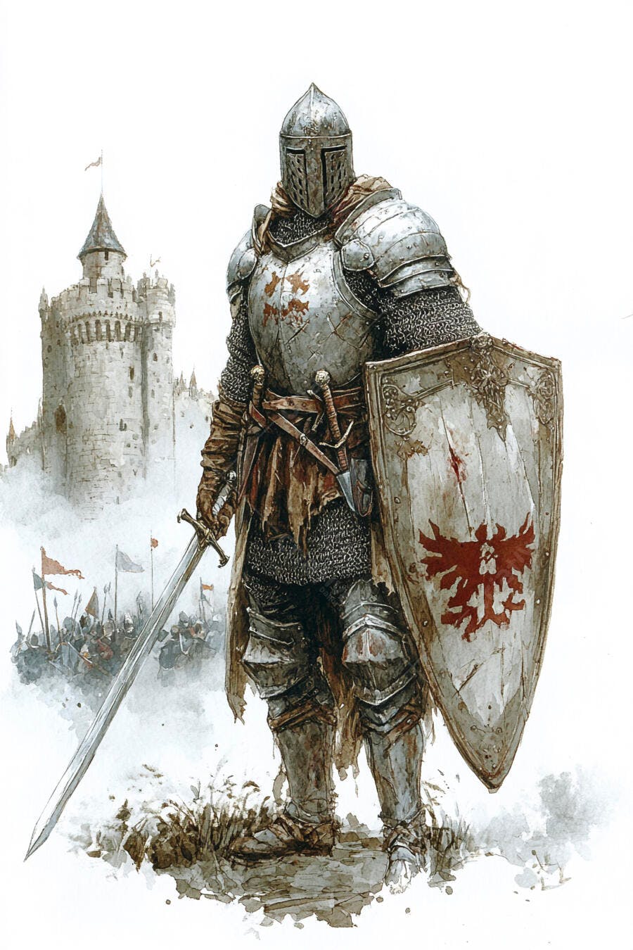 Cavaleiro medieval em armadura cinza com espada e escudo de águia vermelha em frente a castelo