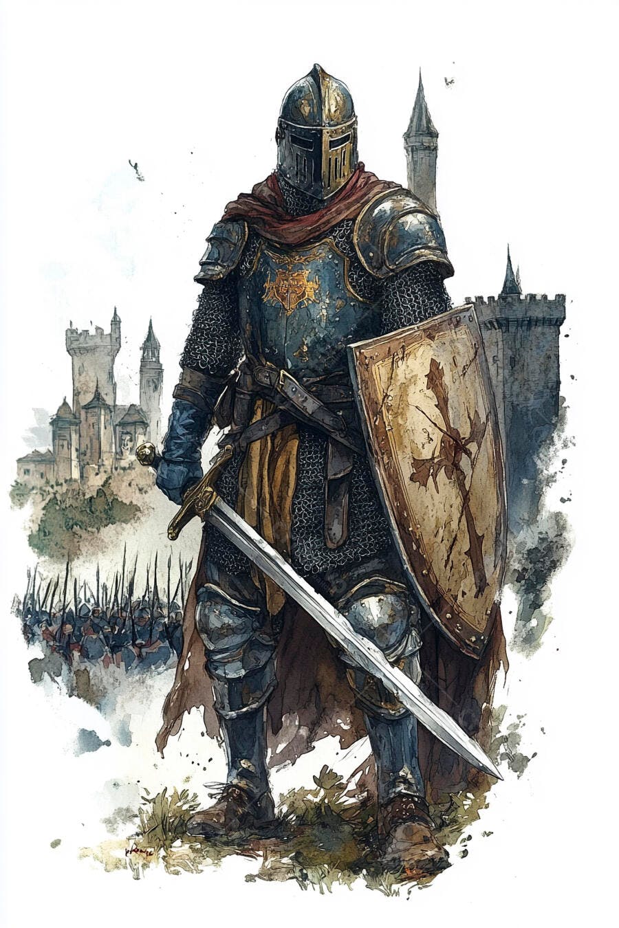 Cavaleiro medieval em armadura azul dourada com espada e escudo diante de castelo