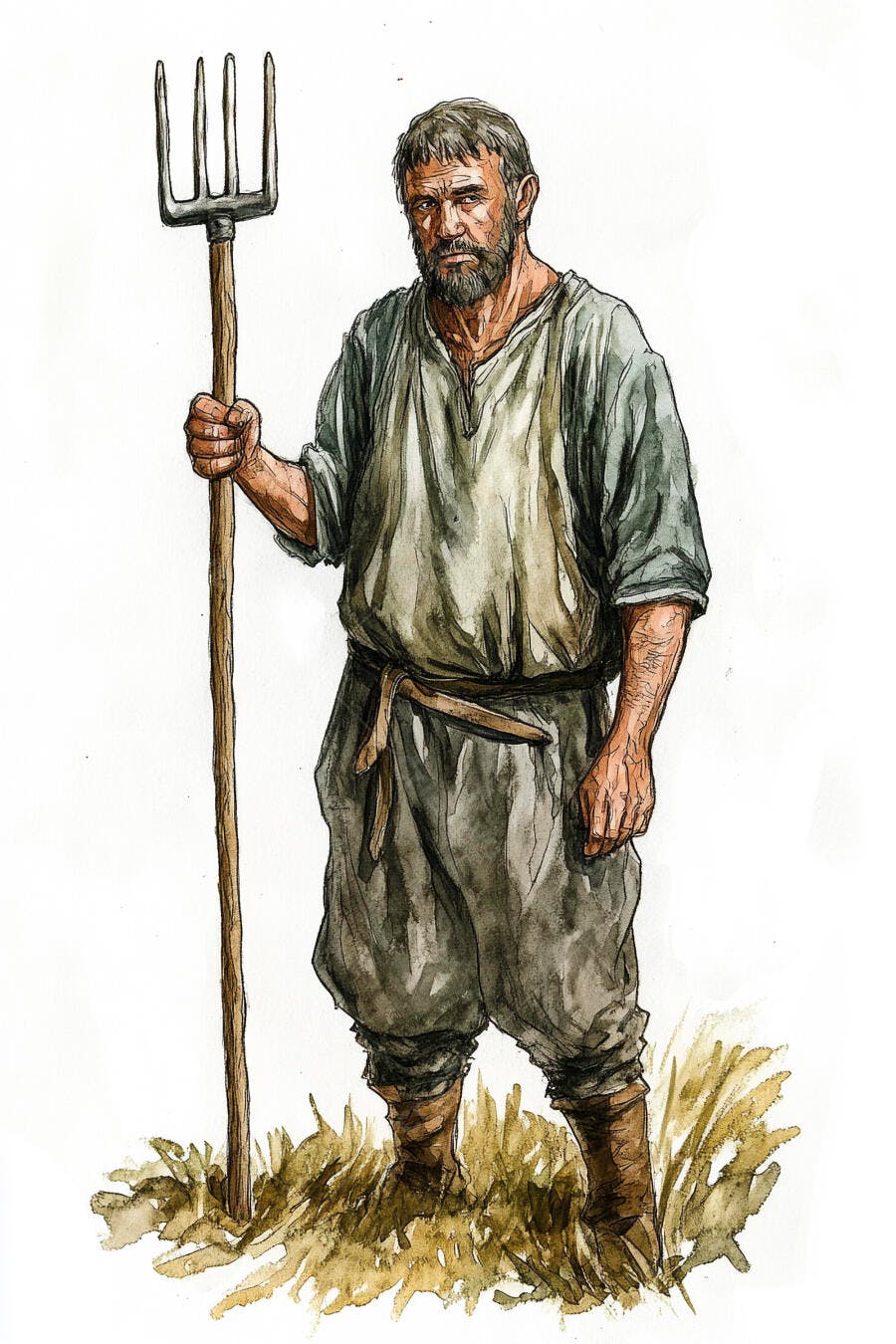 Homem agricultor barbudo com forcado roupas rústicas aquarela
