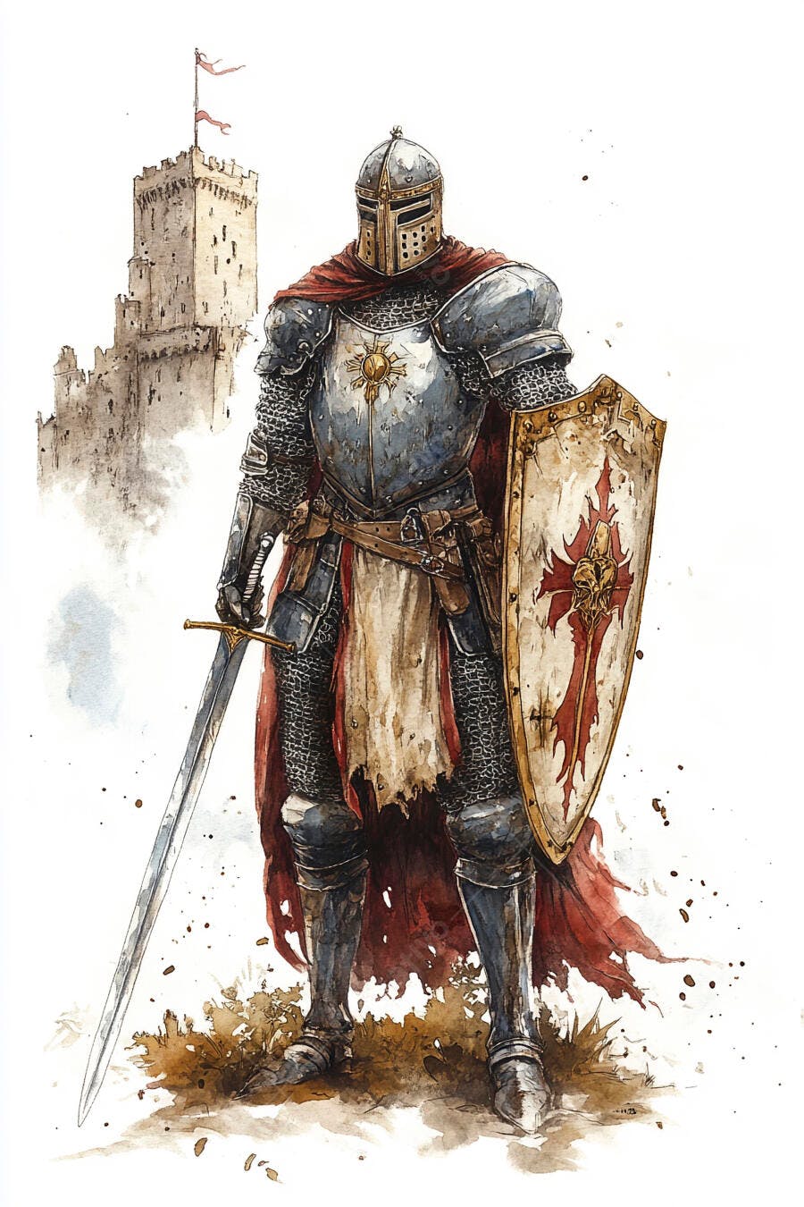 Cavaleiro medieval de armadura cinza e capa vermelha com espada escudo e castelo
