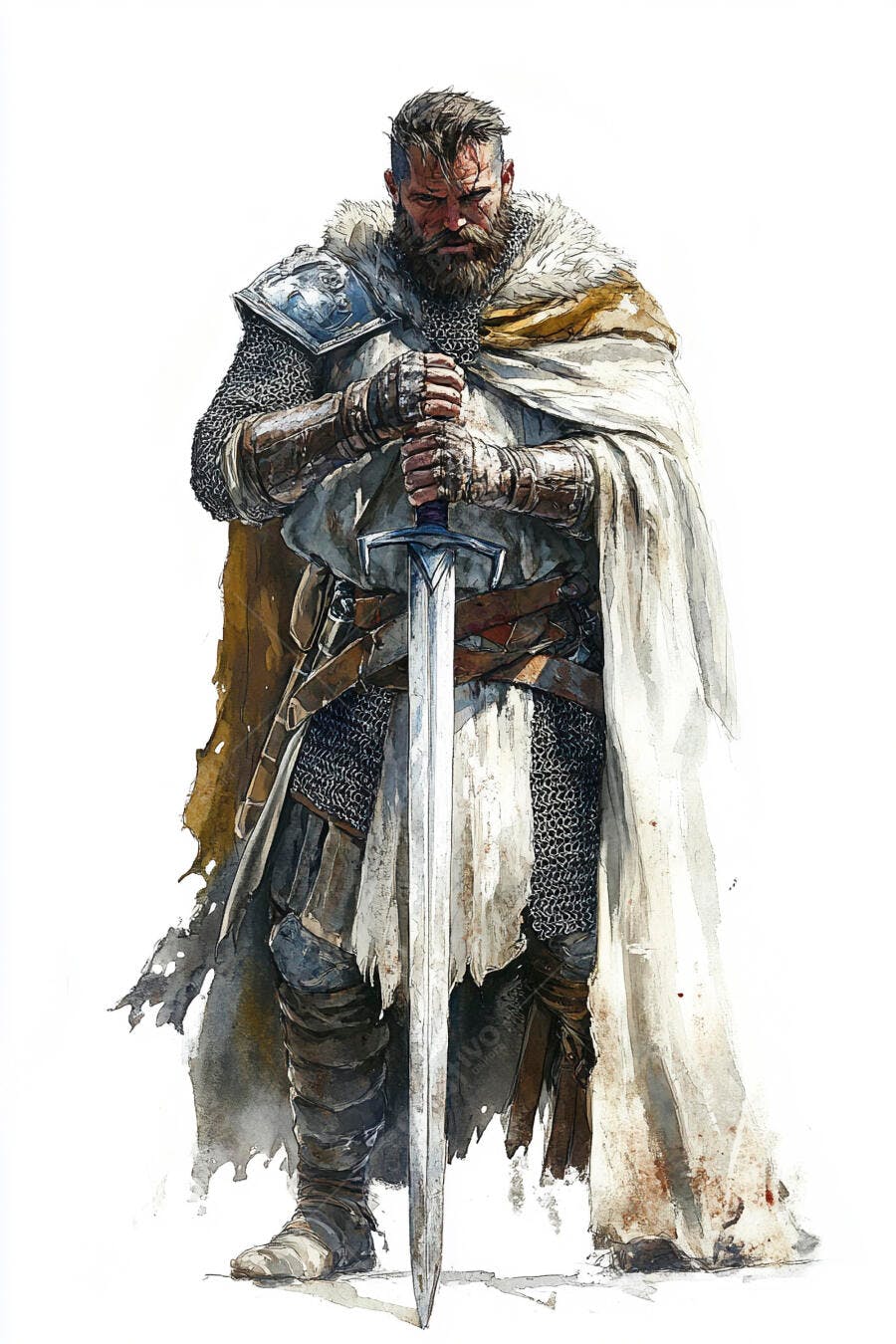 Guerreiro barbudo segurando espada com armadura viking medieval
