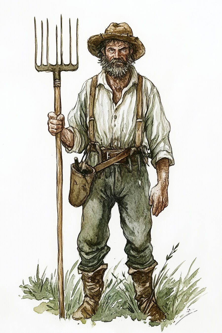 Homem camponês barbudo com chapéu e forcado em aquarela