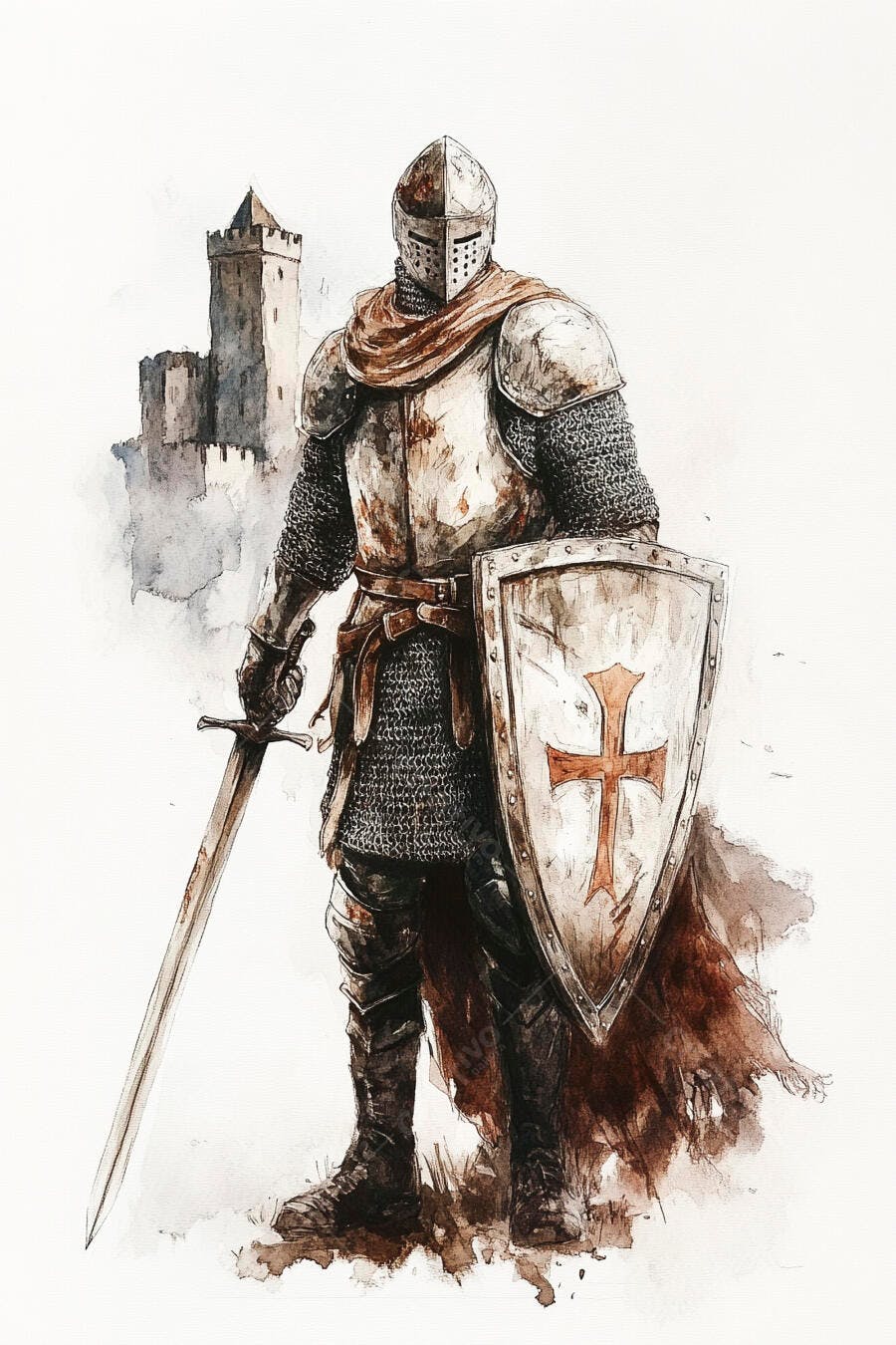 Cavaleiro medieval em armadura com espada e escudo cruz vermelha aquarela castelo