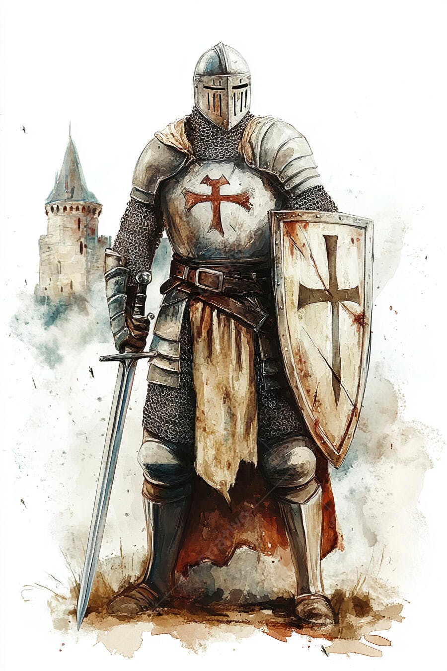 Cavaleiro medieval com armadura prata e cruz vermelha segurando espada e escudo em frente a um castelo