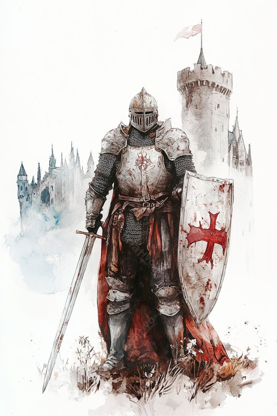 Cavaleiro medieval em armadura cinza com espada e escudo de cruz vermelha e castelo antigo