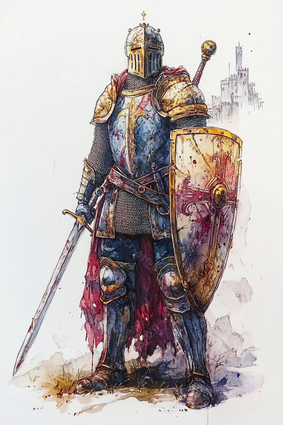 Cavaleiro medieval guerreiro em armadura dourada e azul com escudo e espada
