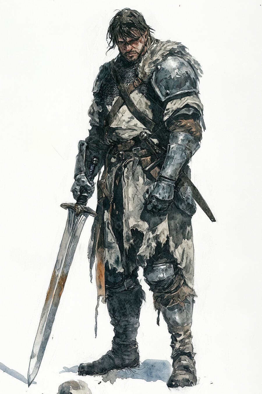 Guerreiro barbudo de armadura escura segurando espada em aquarela