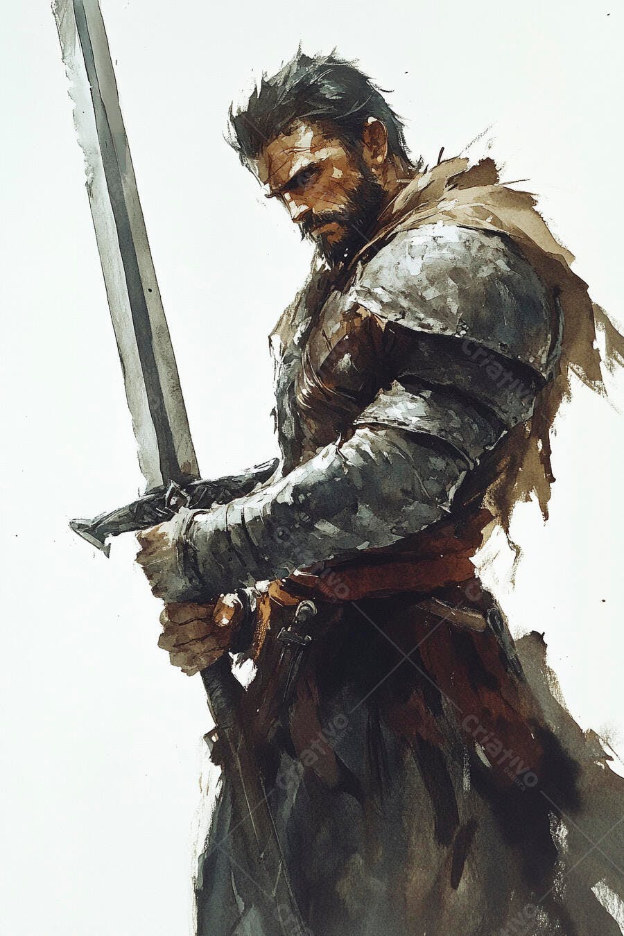 Guerreiro barbudo em armadura cinza com espada longa em arte digital