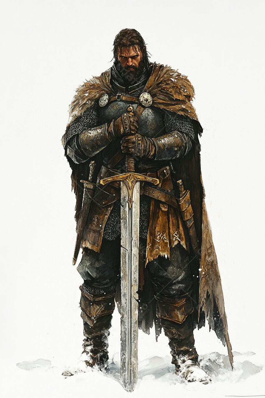 Guerreiro barbudo de armadura e capa de pele com espada gigante na neve