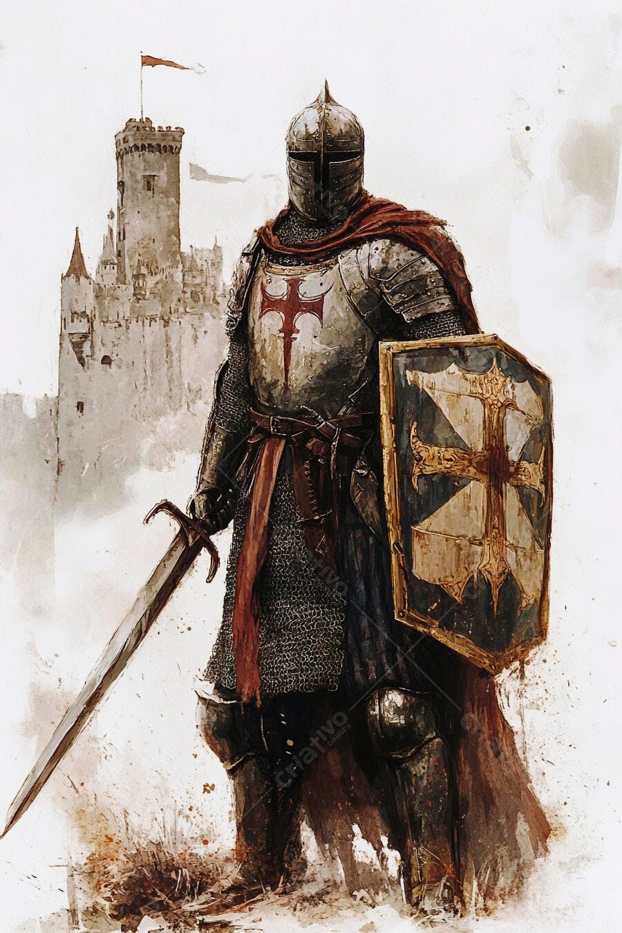 Cavaleiro Templário com armadura e espada em frente a um castelo medieval