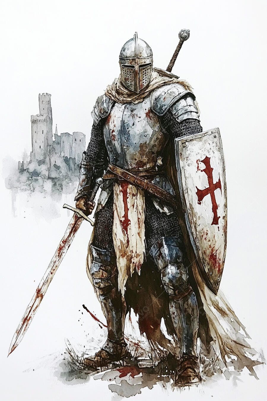 Cavaleiro medieval com armadura e espada ensanguentadas contra castelo