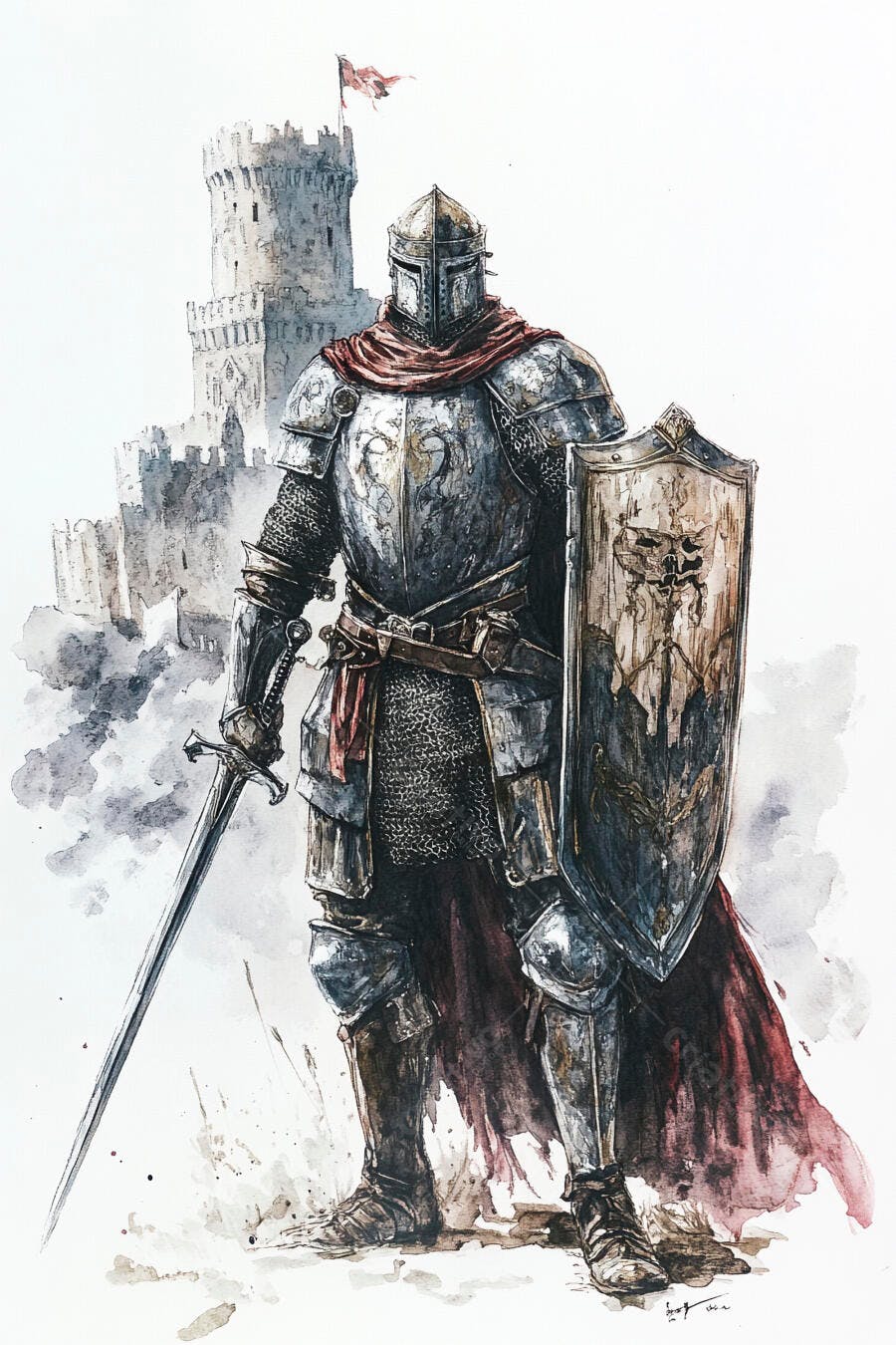 Cavaleiro medieval com armadura e espada diante de castelo antigo