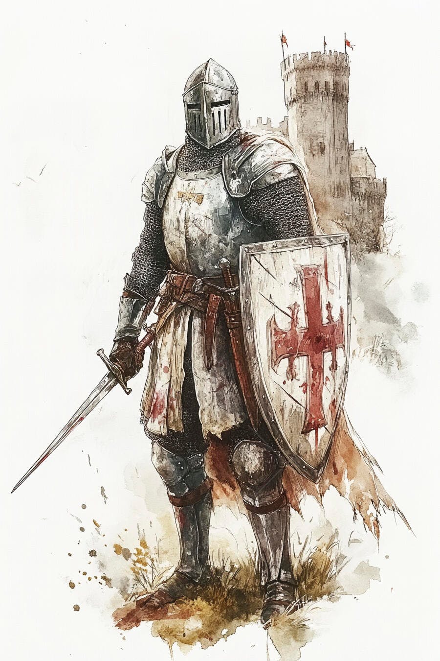 Cavaleiro Templário com armadura e escudo ensanguentados em frente a castelo