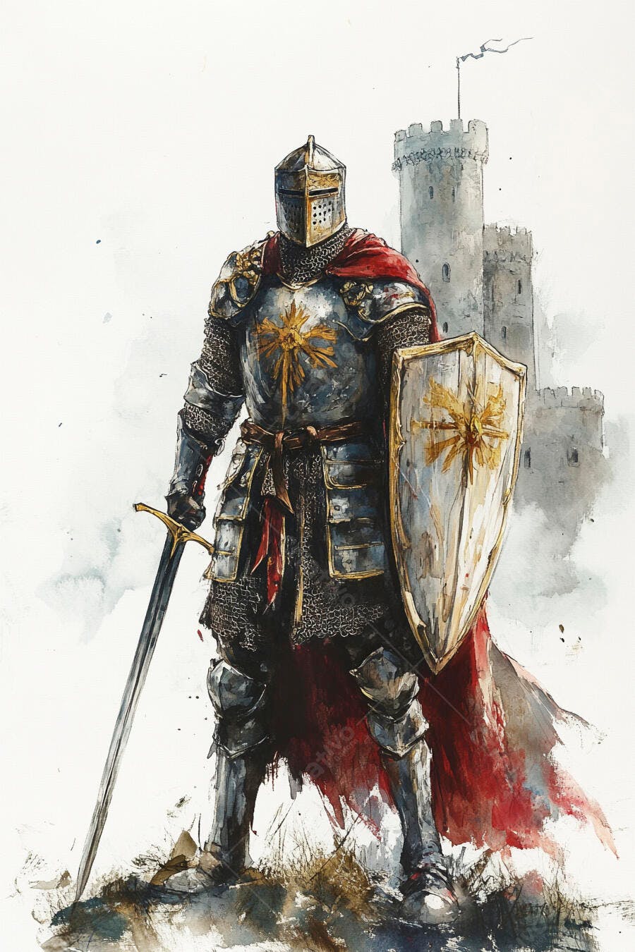 Cavaleiro medieval em armadura prateada com capa vermelha e escudo diante de castelo