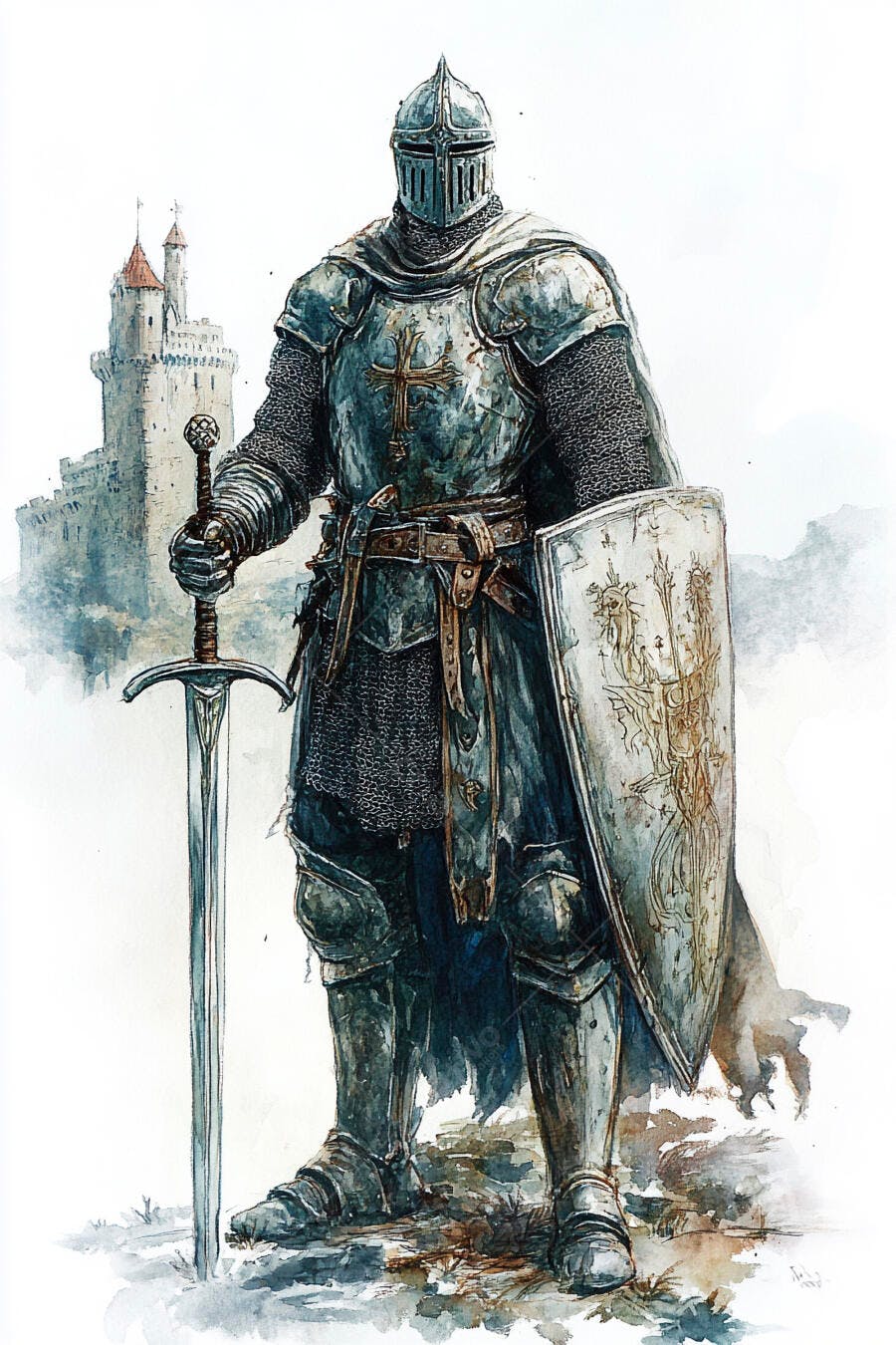Cavaleiro medieval em armadura completa com espada e escudo diante de castelo