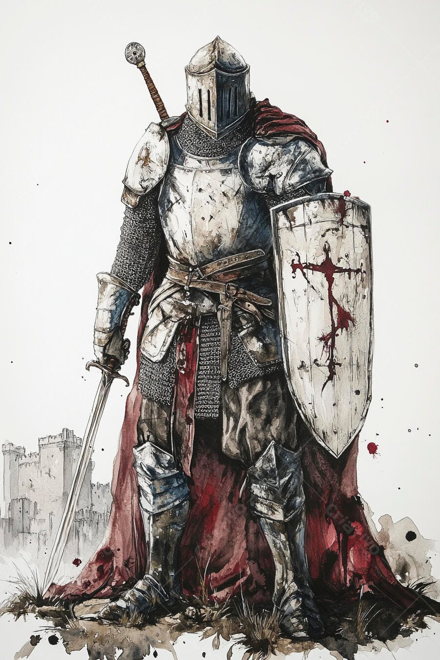 Cavaleiro medieval em armadura prata capa vermelha escudo com cruz ensanguentada