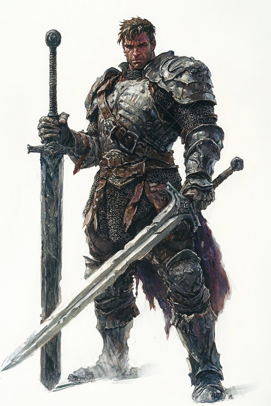 Cavaleiro medieval em armadura cinza segurando duas grandes espadas