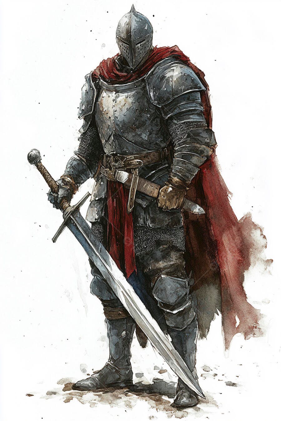 Cavaleiro medieval em armadura cinza com capa vermelha segurando espada