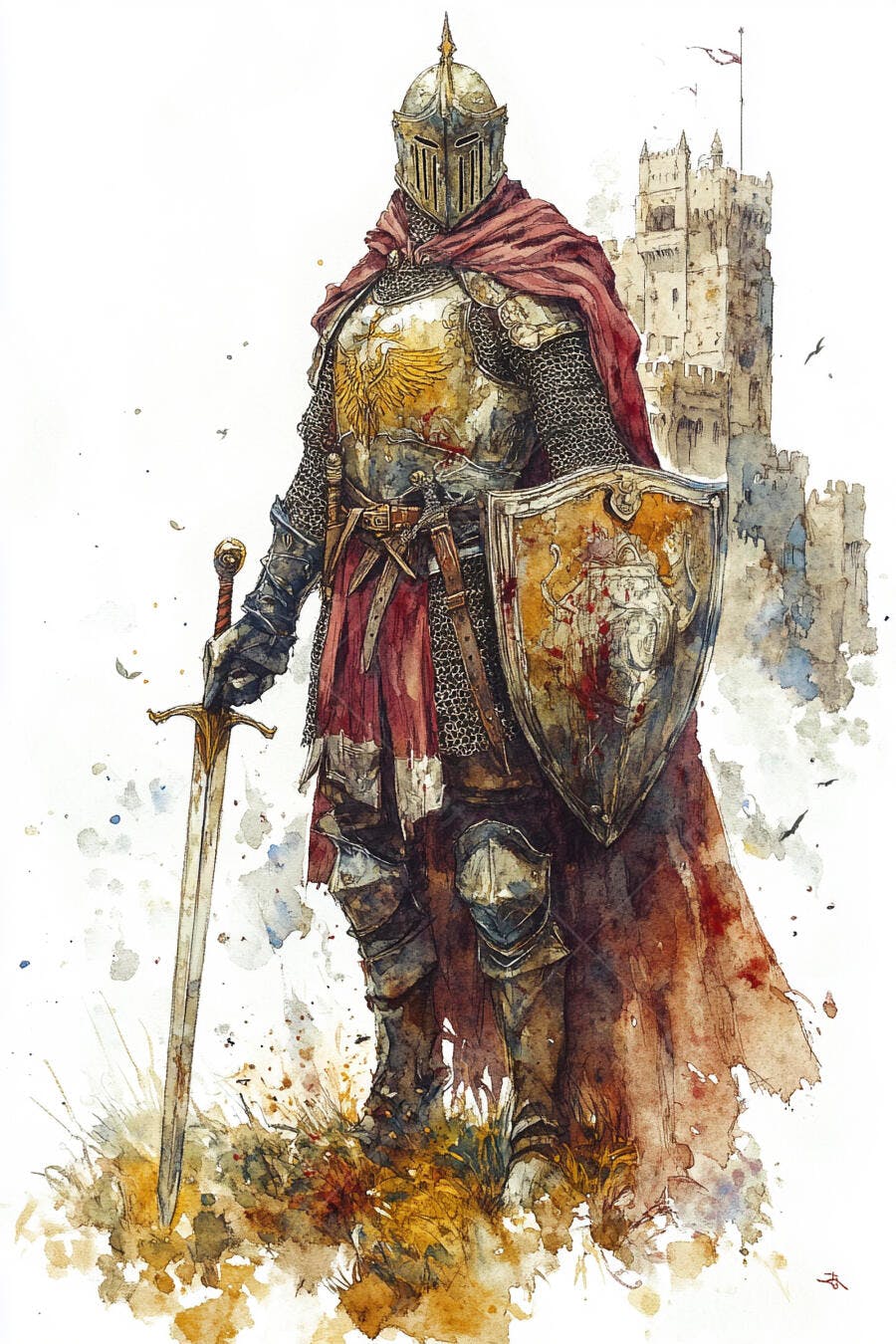 Cavaleiro medieval em armadura prateada com espada e escudo dourados junto a um castelo em aquarela