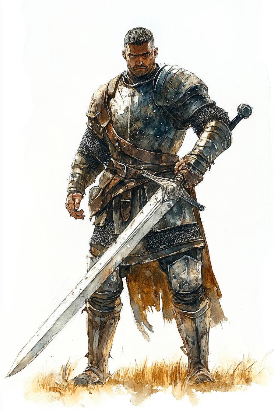 Cavaleiro forte em armadura de combate com grande espada arte em aquarela