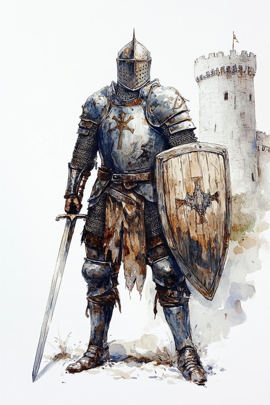 Cavaleiro medieval em armadura cinza com espada e escudo de madeira junto a torre