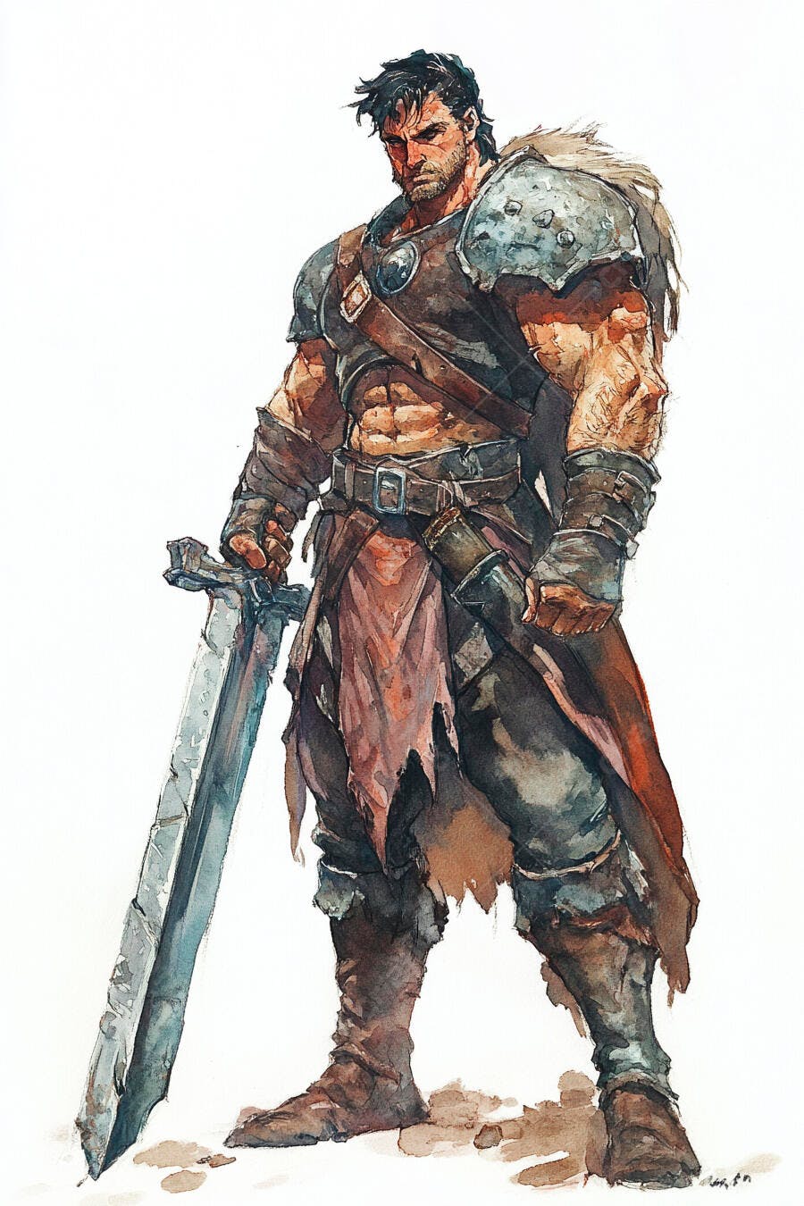 Homem guerreiro musculoso com espada em armadura de couro ilustração aquarela