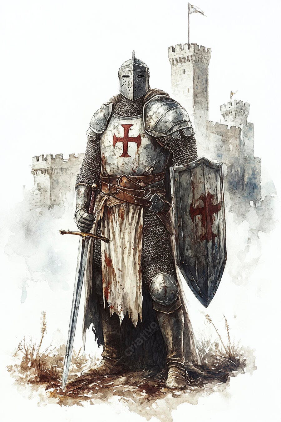 Cavaleiro medieval templário com armadura e espada diante de castelo antigo