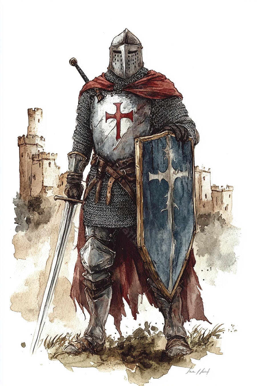 Cavaleiro Templário medieval com espada e escudo em aquarela