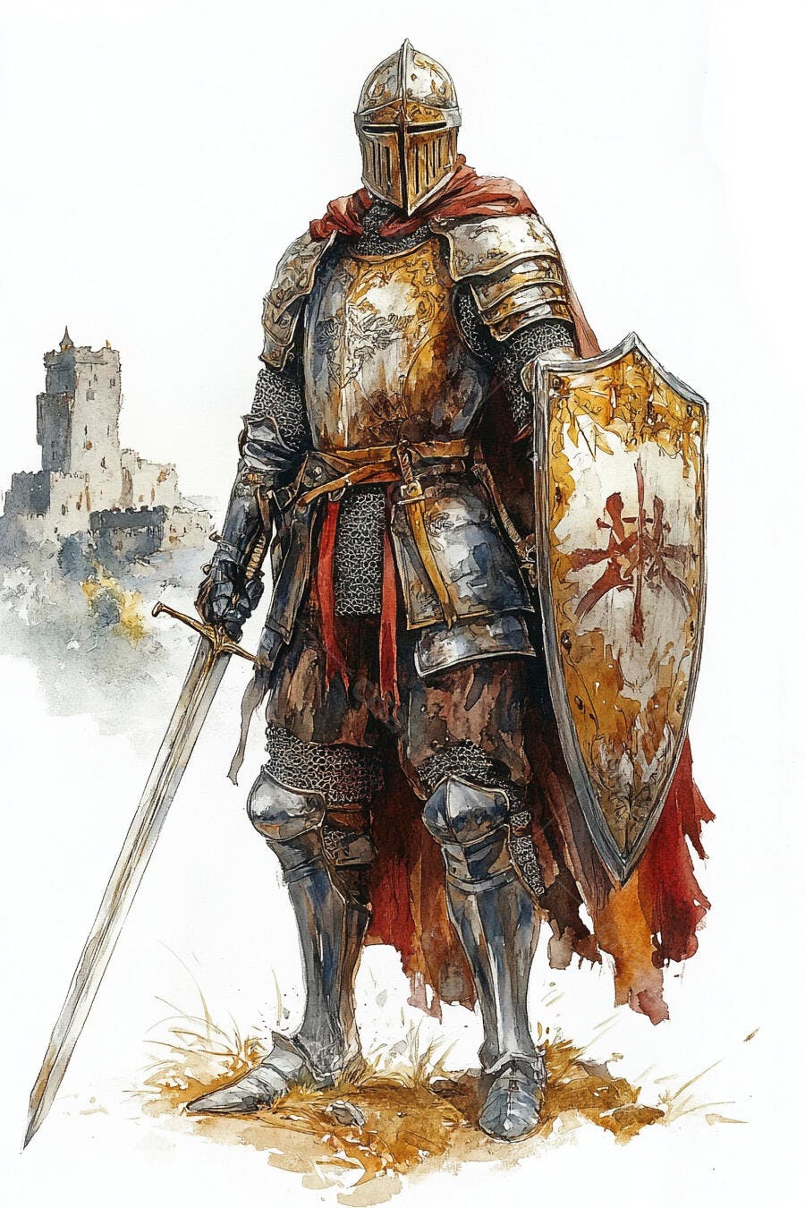 Cavaleiro medieval em armadura dourada e prateada com espada e escudo diante de castelo