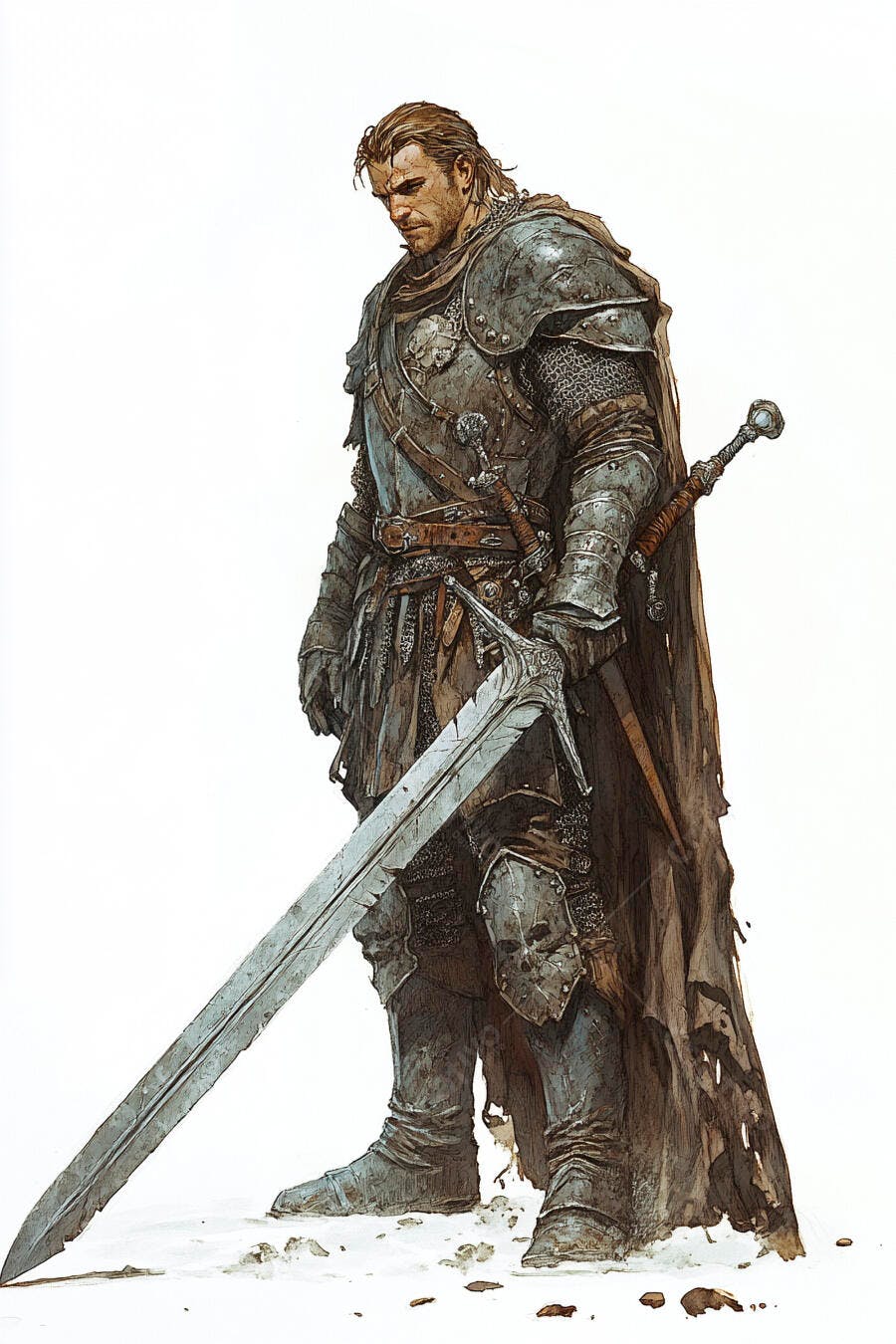 Guerreiro medieval de armadura com espada gigante em fundo branco