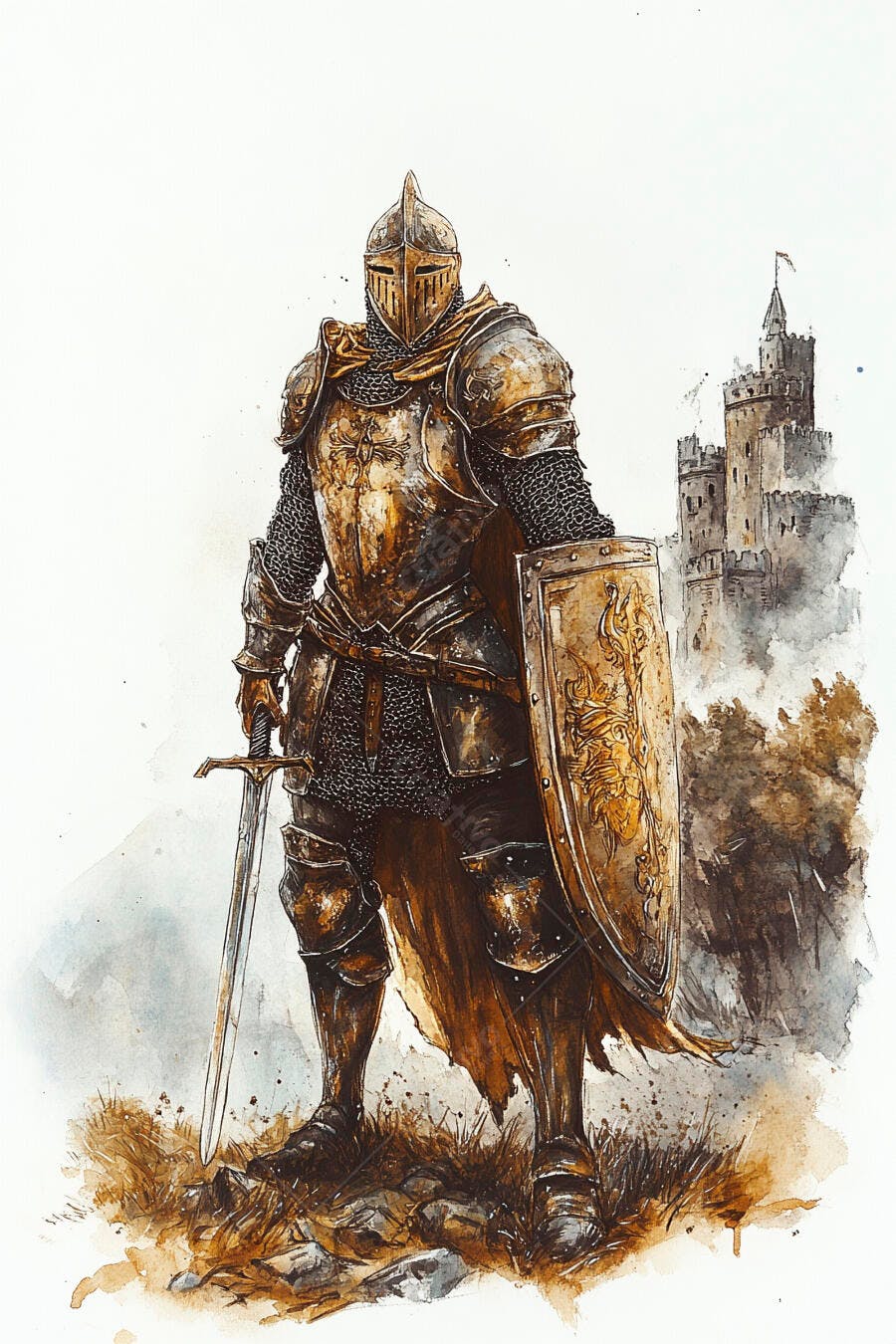 Cavaleiro medieval com armadura dourada e espada em frente ao castelo