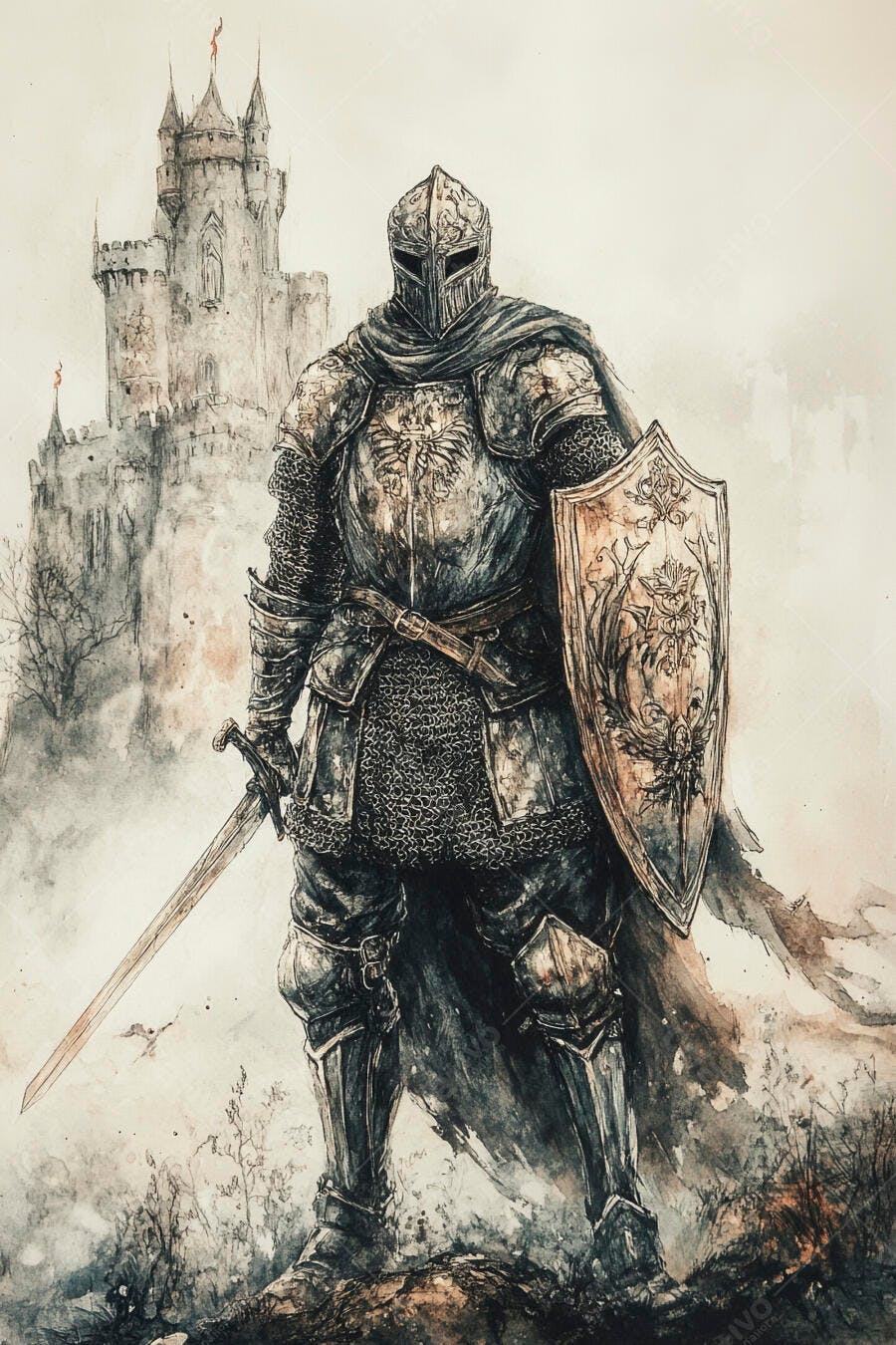 Cavaleiro de armadura completa com espada e escudo diante de castelo em ilustração épica