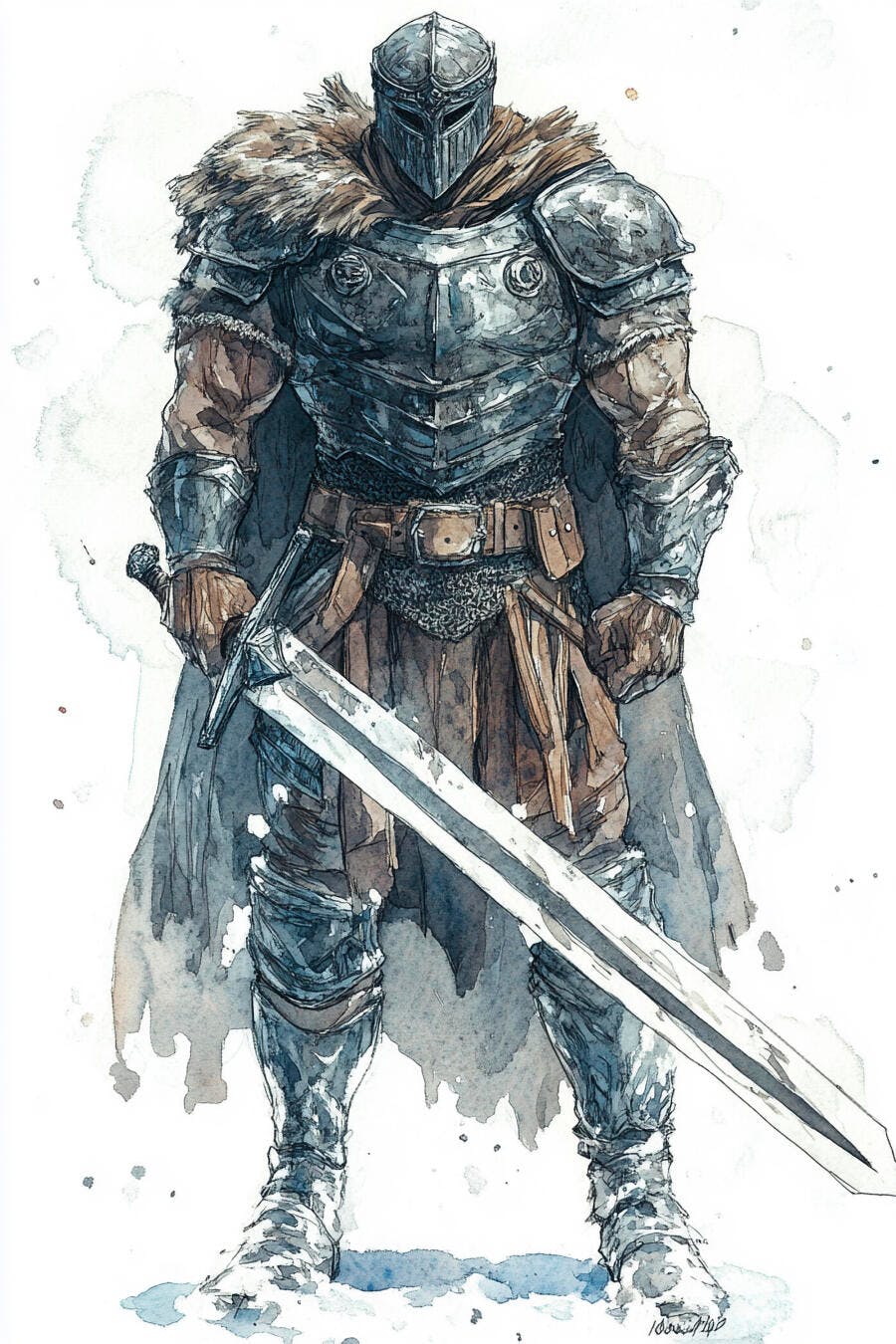 Cavaleiro em armadura medieval com espada grande e capa de pele em aquarela invernal