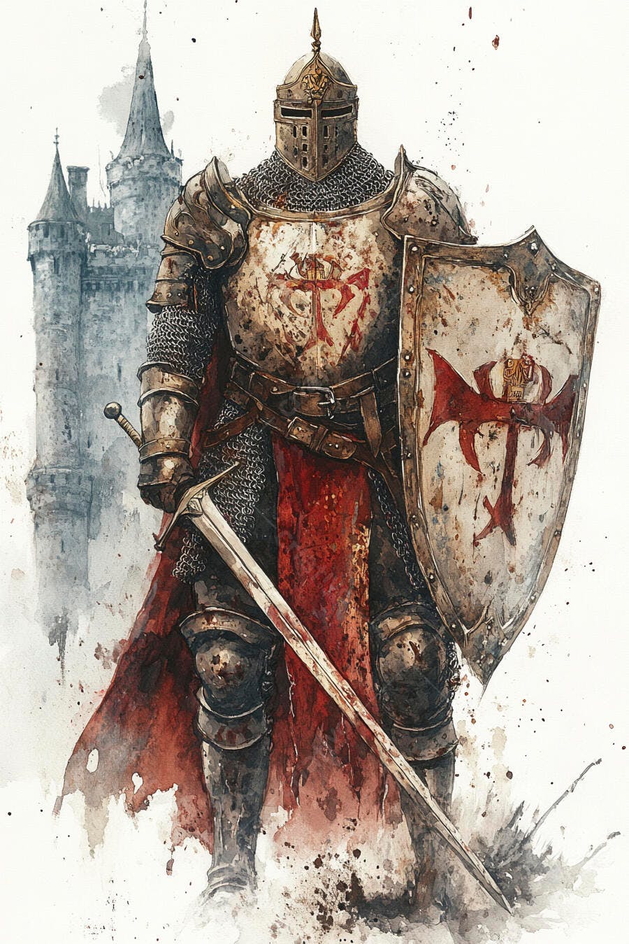 Cavaleiro medieval com armadura dourada e espada em frente a castelo antigo aquarela