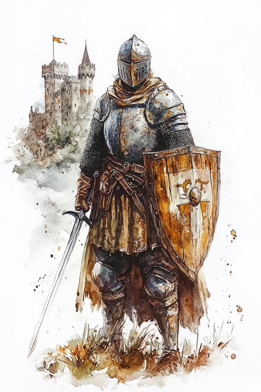 Cavaleiro medieval de armadura cinza e escudo com cruz em frente a castelo