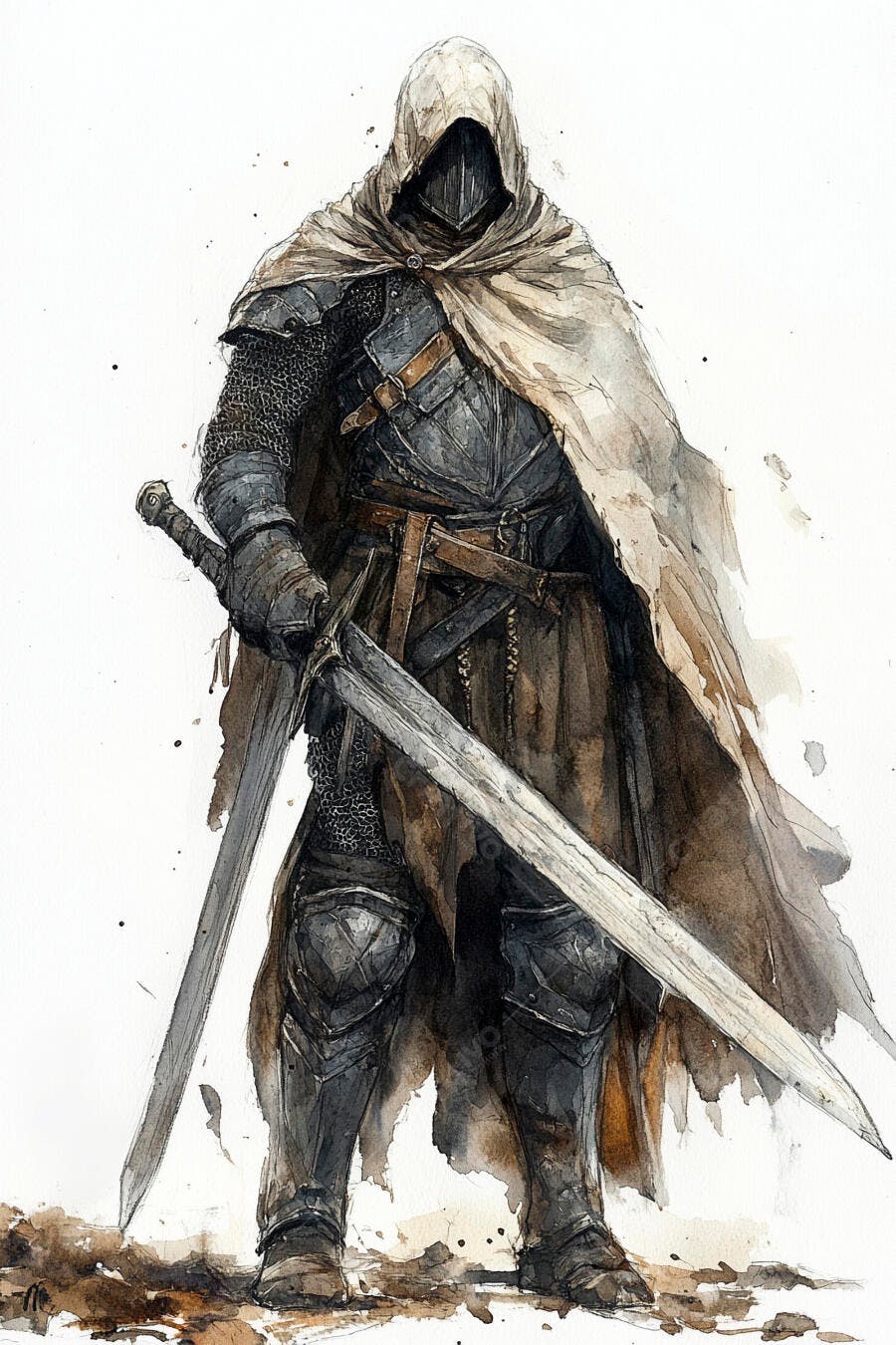 Cavaleiro encapuzado armadura escura segurando duas espadas fantasia aquarela