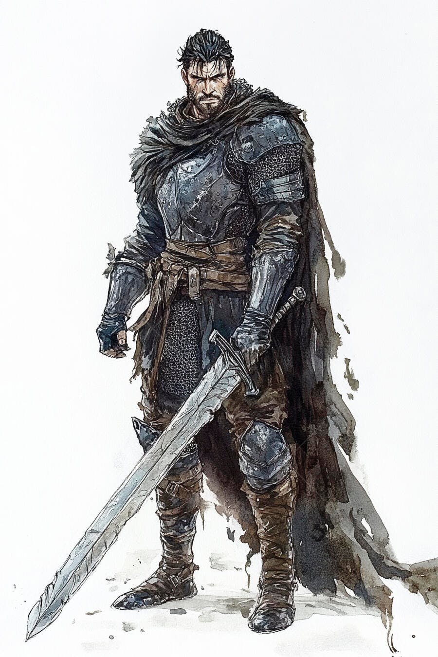 Homem guerreiro de armadura escura e espada longa ilustração fantástica