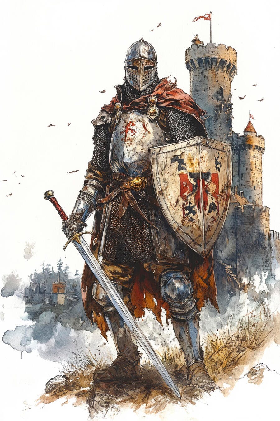 Cavaleiro medieval com armadura espada e escudo em frente a castelo