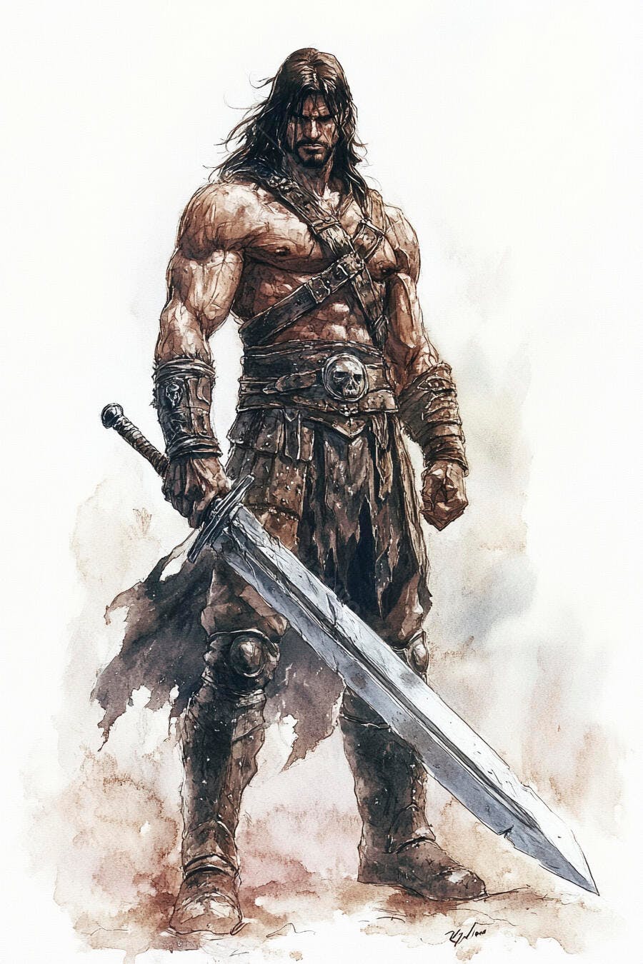 Guerreiro musculoso de cabelos longos com espada grande ilustração fantástica