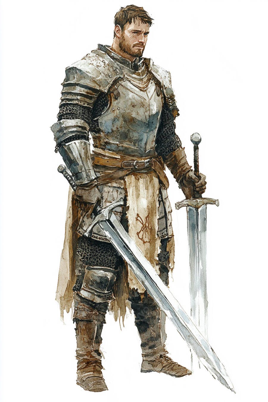 Cavaleiro barbudo em armadura e duas espadas estilo aquarela