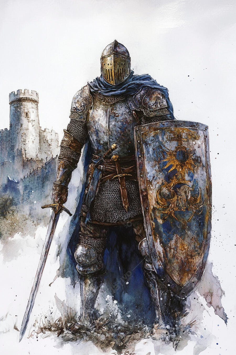 Cavaleiro medieval com armadura e espada diante de castelo antigo