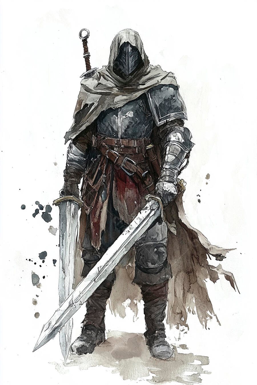 Guerreiro de armadura escura com capuz e duas espadas em estilo aquarela