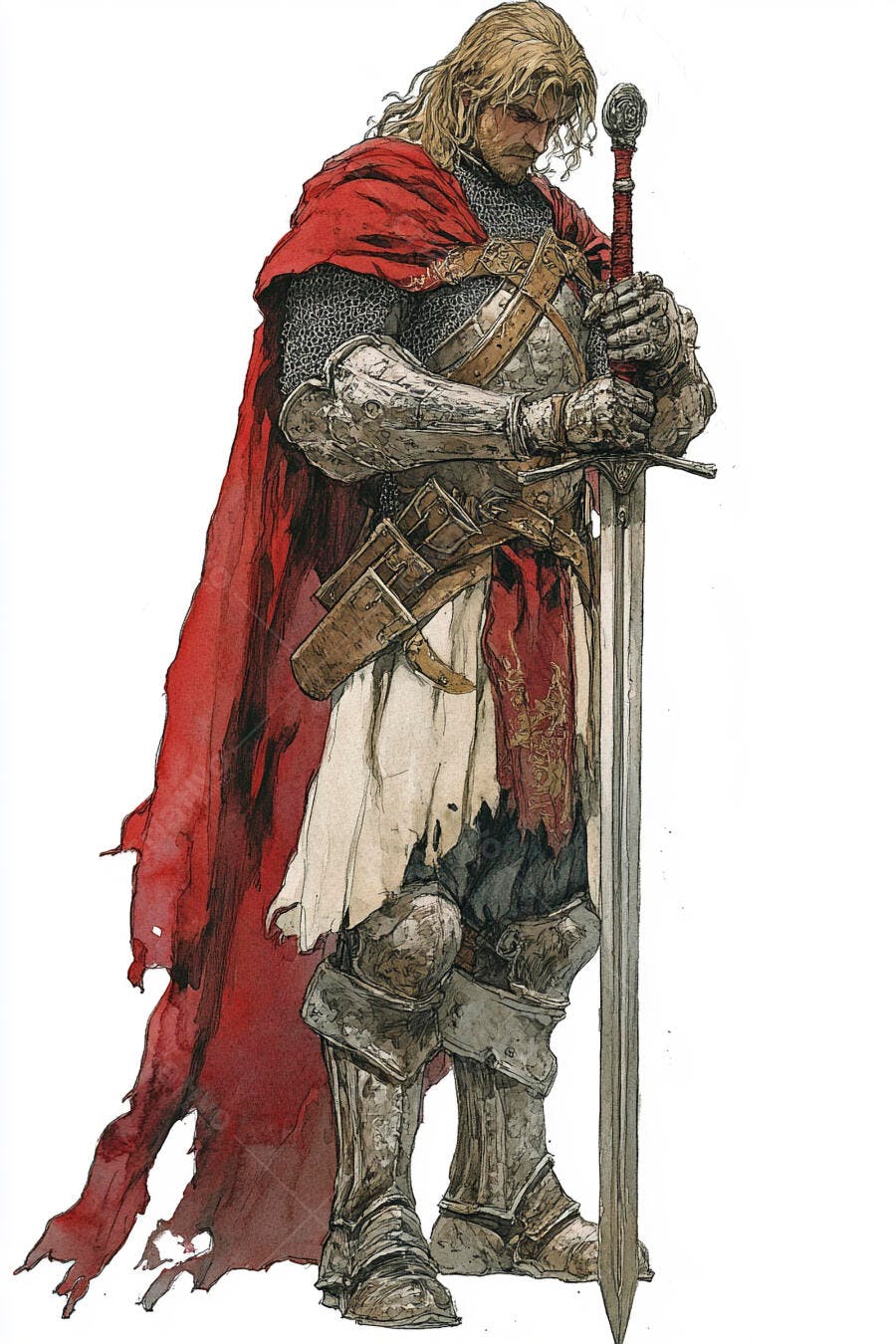 Cavaleiro medieval loiro em armadura com capa vermelha segurando espada