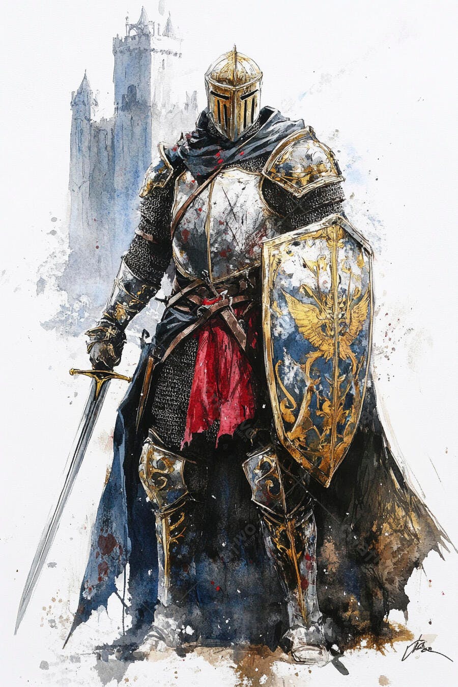 Cavaleiro medieval em armadura dourada e prateada com espada e escudo diante de castelo