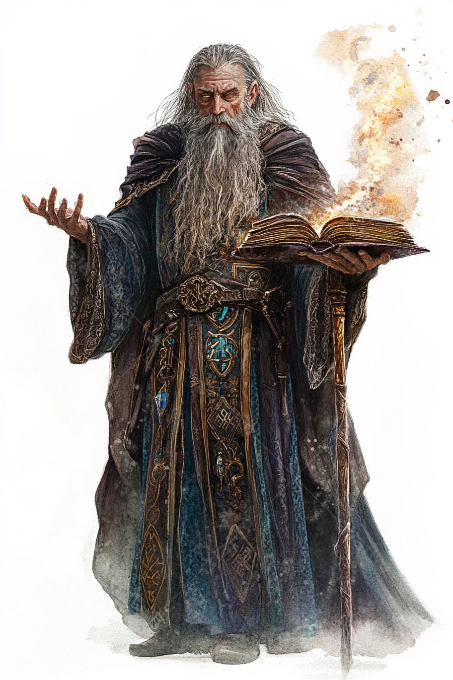 Mago ancião de barba branca conjurando magia com livro de feitiços e vestes azuis