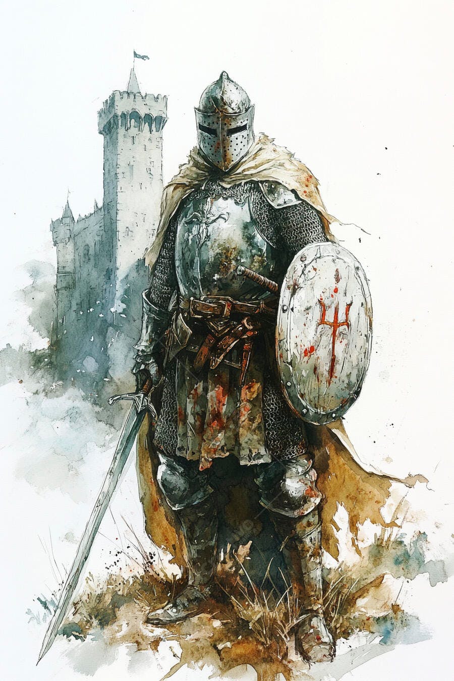Cavaleiro de armadura prateada com espada e escudo em frente a castelo medieval