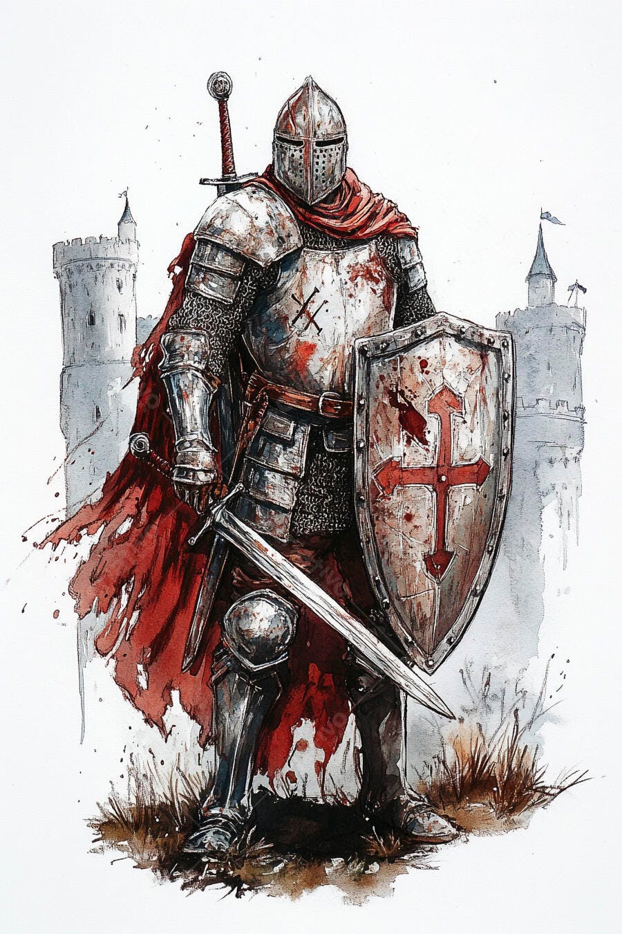Cavaleiro medieval com armadura e capa vermelha segurando espada e escudo aquarela
