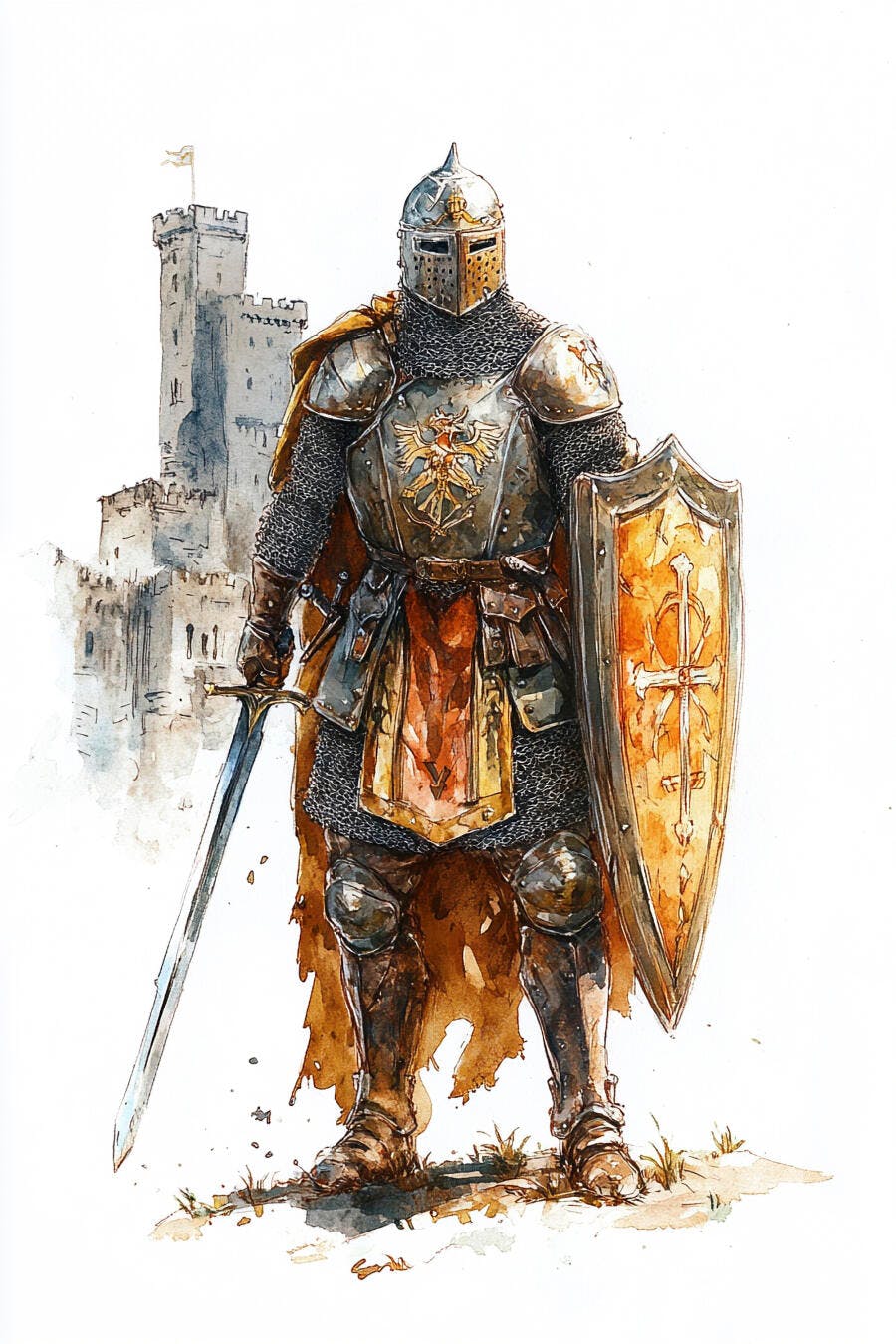 Cavaleiro medieval em armadura cinza dourada com espada e escudo diante de um castelo
