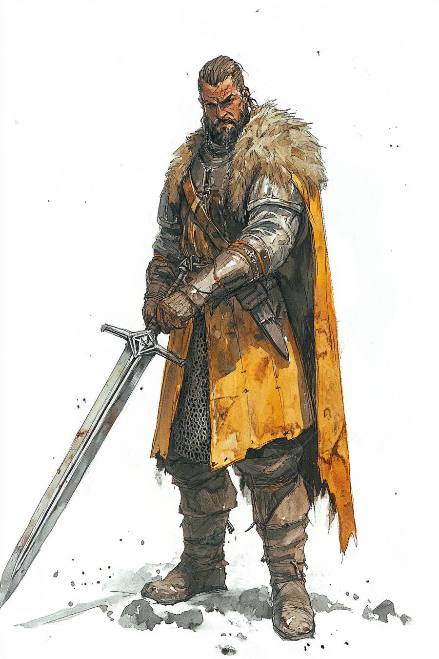 Guerreiro medieval barbudo com armadura e capa de pele empunhando espada